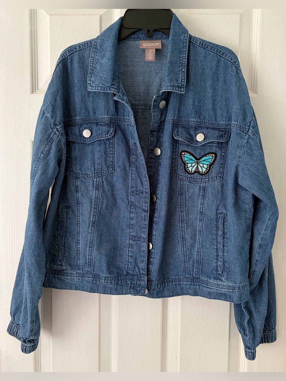 Chico's Denim Jacket with Turquoise Butterfly Patch